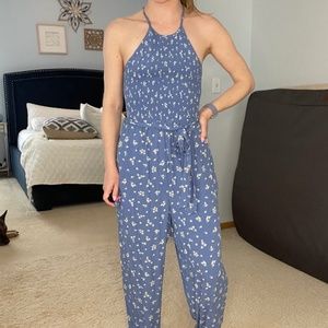 Blue Floral Smocked Halter Jumpsuit from American Eagle (NWT)
